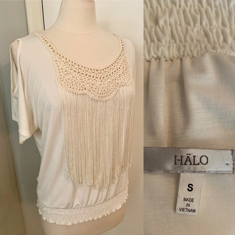 Women’s Small Fringe Blouse Cream Cowgirl Western Chic Festival tassels top - Picture 9 of 11